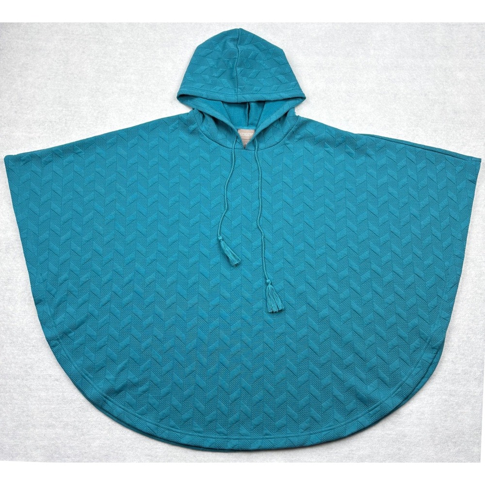 Chicos Poncho Womens L/XL Teal Blue Quilted Chevron Knit Hooded Tassel Cape Top